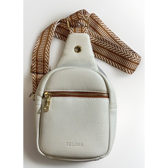 Telena White Leather Gold Hardware Nylon Strap Small Crossbody Bag - Picture 1 of 7